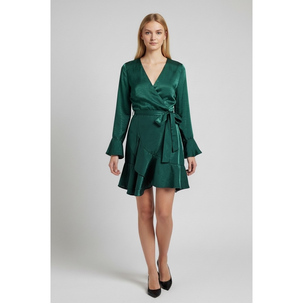 Altar'd State Hunter Green Satin Wrap Mini Dress Bell Sleeve Ruffle Size Medium